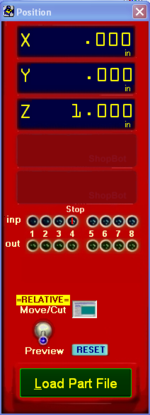 ShopBot Controller. The ShopBot Control Panel shows you whether you are in preview or move/cut and whether your movements are absolute or relative.